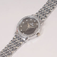Woman Silver Chain Watch Black Dial Stone
