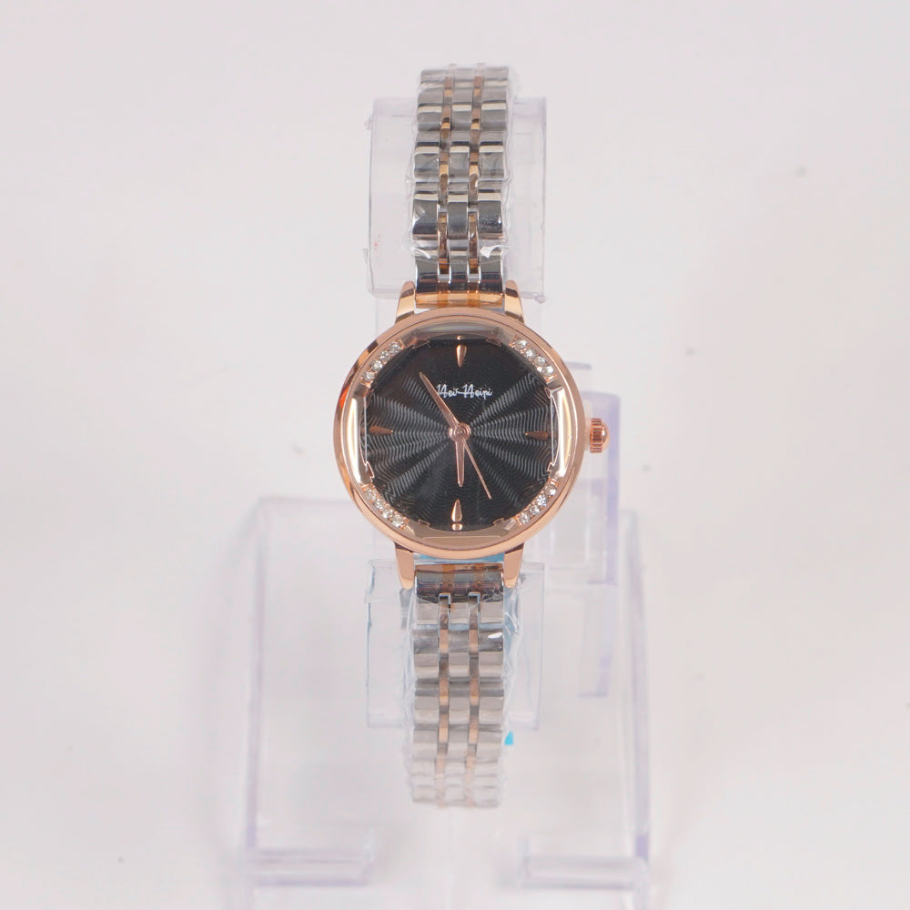 Two Tone Woman Silver Chain Watch Black Dial