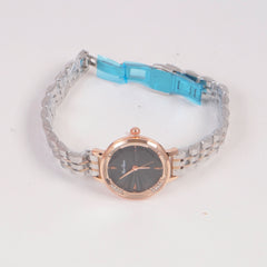 Two Tone Woman Silver Chain Watch Black Dial