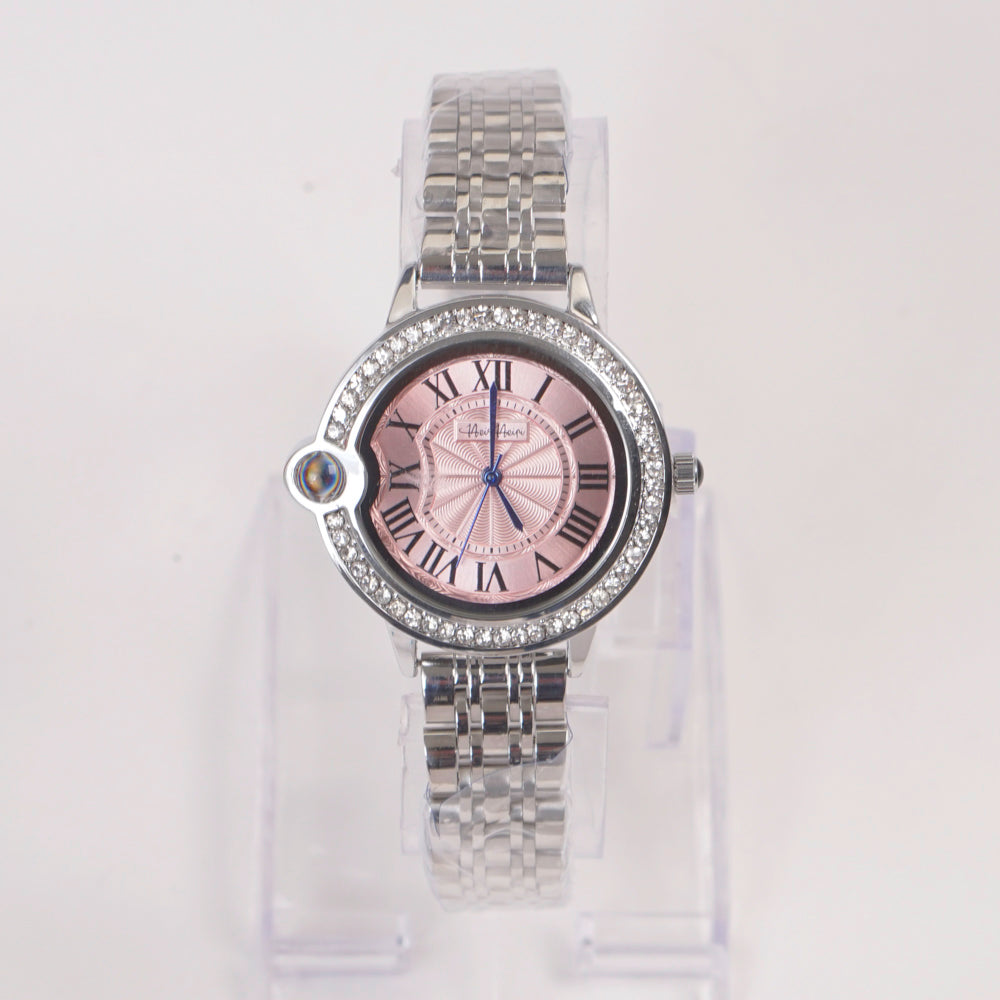 Woman Silver Chain Watch Pink Stone Dial