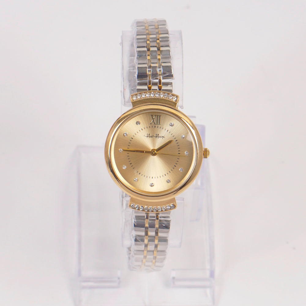Two Tone Woman Silver Chain Watch Golden Dial