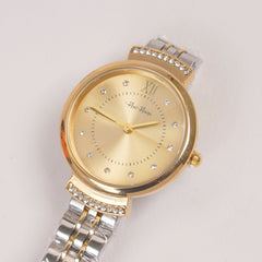 Two Tone Woman Silver Chain Watch Golden Dial