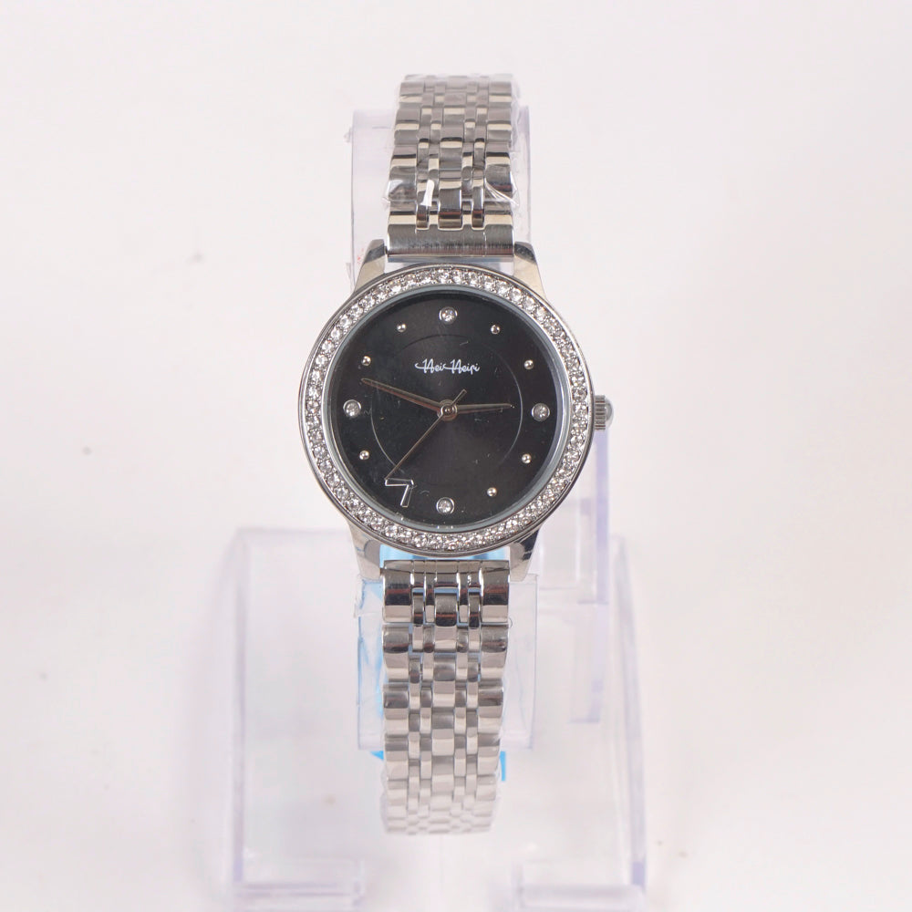 Woman Silver Chain Watch Black Stone Dial