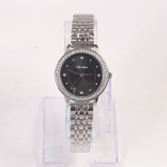 Woman Silver Chain Watch Black Stone Dial