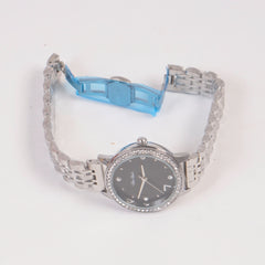 Woman Silver Chain Watch Black Stone Dial