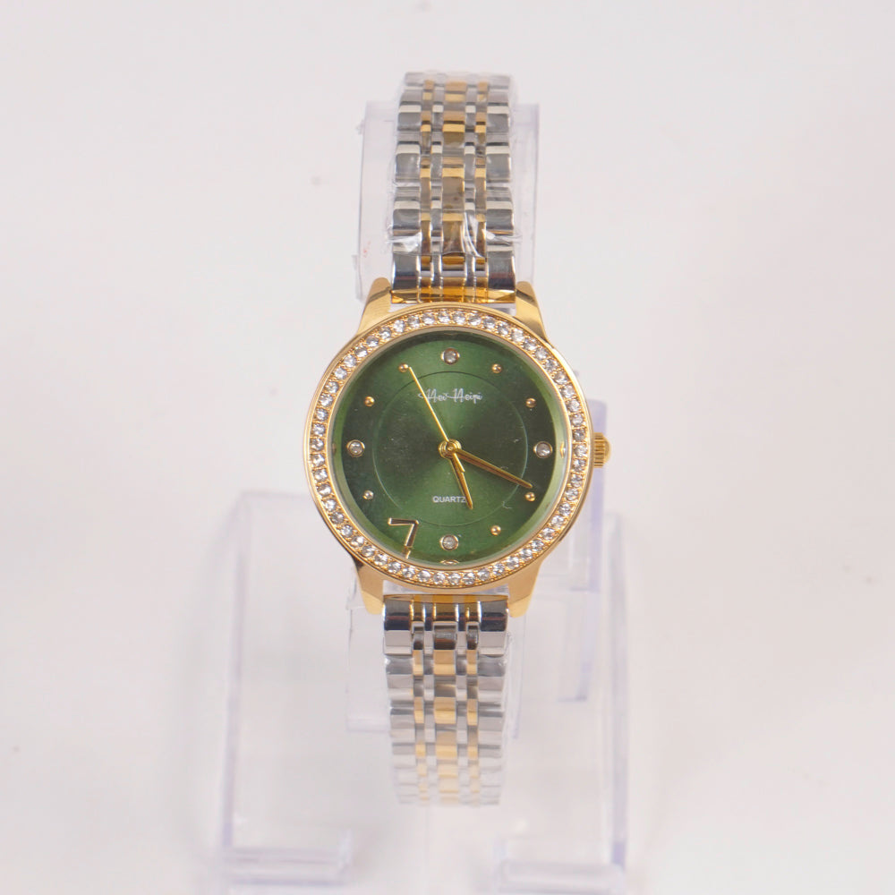 Two Tone Woman Silver Chain Watch Green Stone Dial