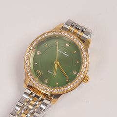 Two Tone Woman Silver Chain Watch Green Stone Dial