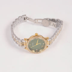 Two Tone Woman Silver Chain Watch Green Stone Dial