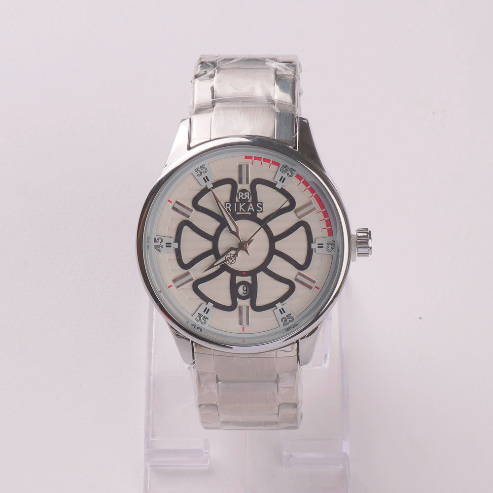 Mens Silver Chain Wrist Watch Flower Design