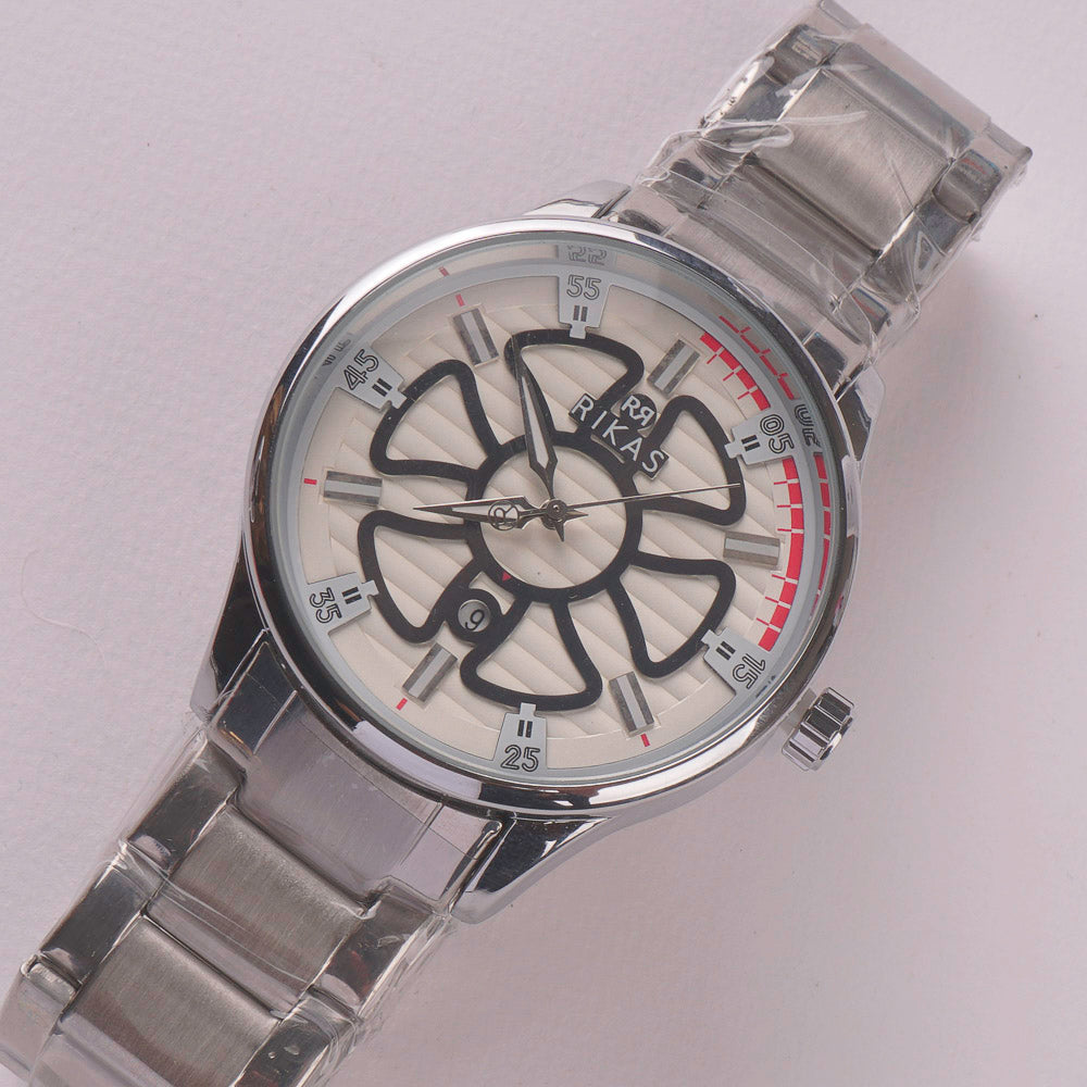 Mens Silver Chain Wrist Watch Flower Design