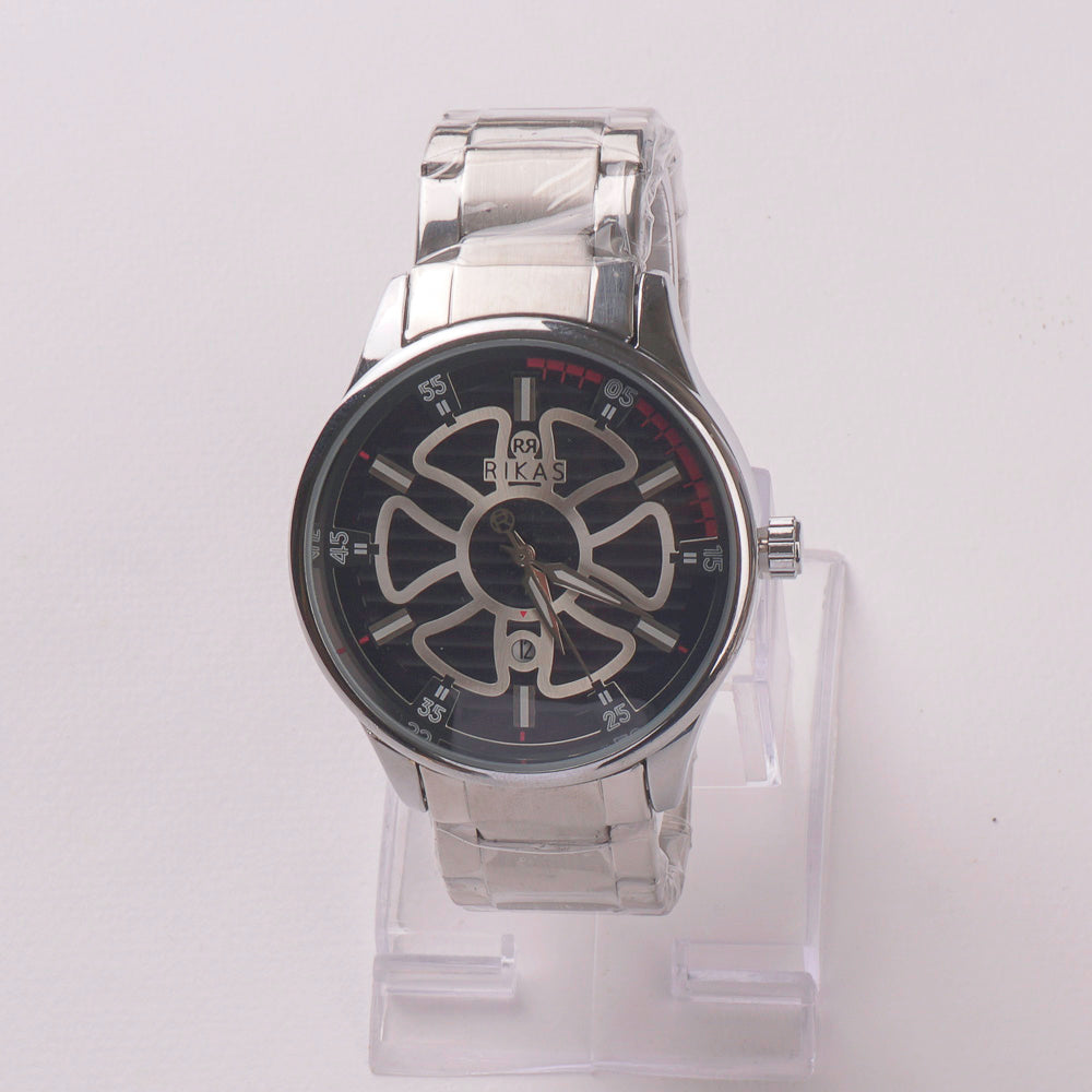 Mens Silver Chain Wrist Watch Flower Design Black