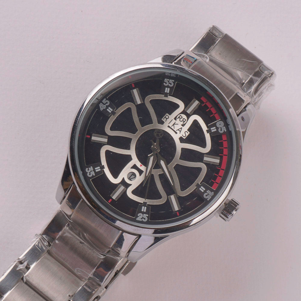 Mens Silver Chain Wrist Watch Flower Design Black