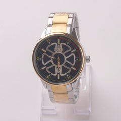 Two Tone Mens Silver Chain Wrist Watch Flower Design Black