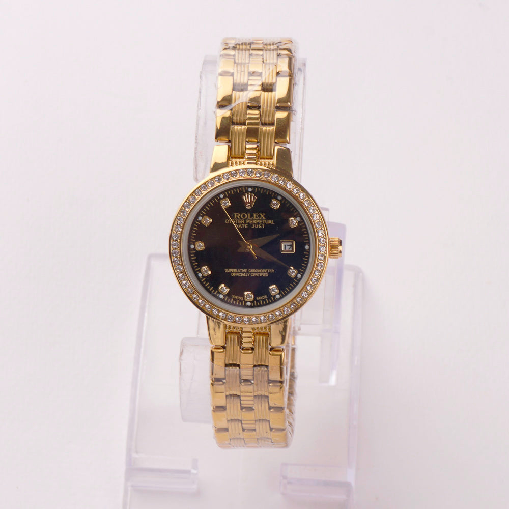 Women's Golden Chain Wrist Watch With Black Dial