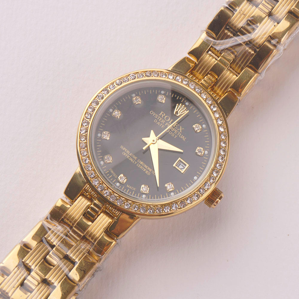 Women's Golden Chain Wrist Watch With Black Dial