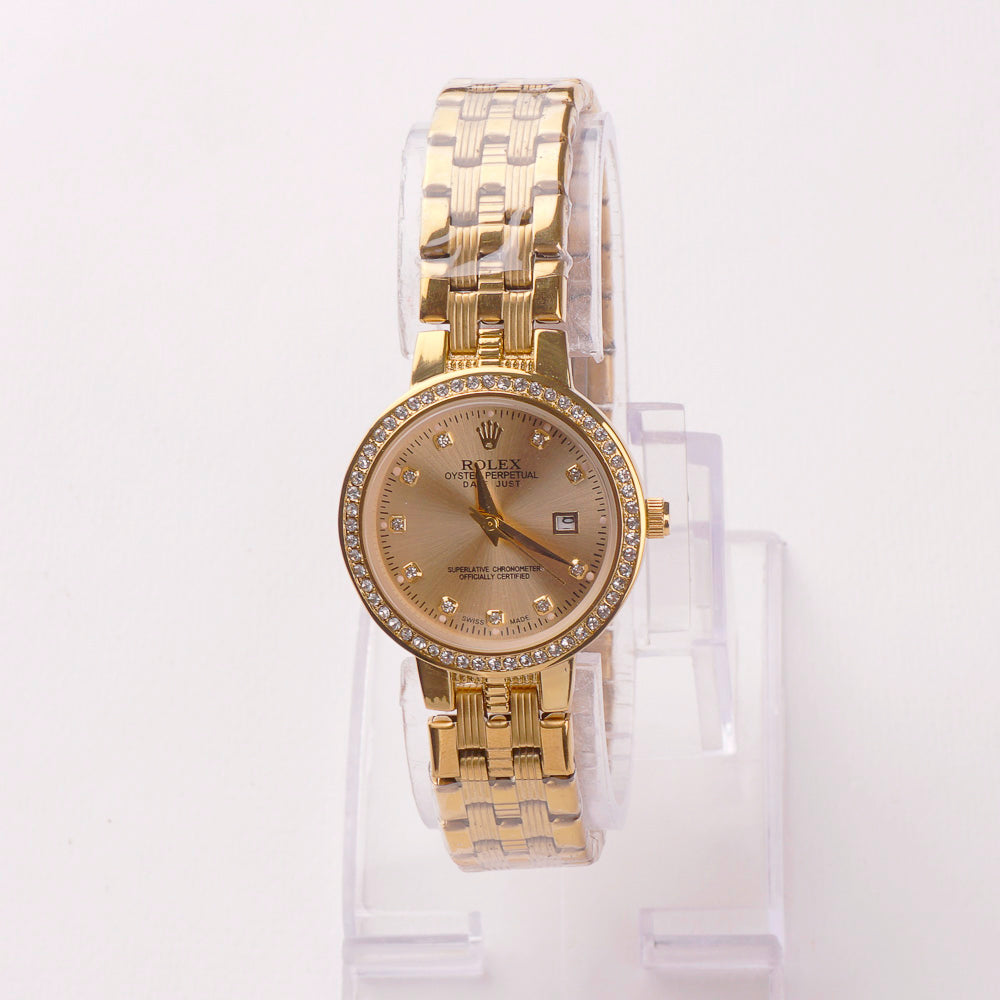 Women's Golden Chain Wrist Watch With Golden Dial