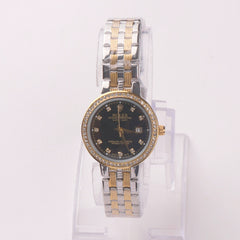 Two Tone Women's Golden Chain Wrist Watch With Black Dial