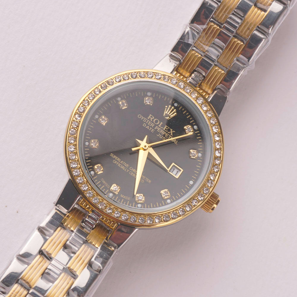 Two Tone Women's Golden Chain Wrist Watch With Black Dial