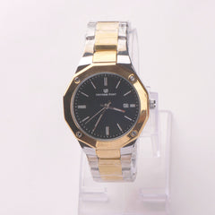 Two Tone Golden Chain Mans Wrist Watch Black Dial