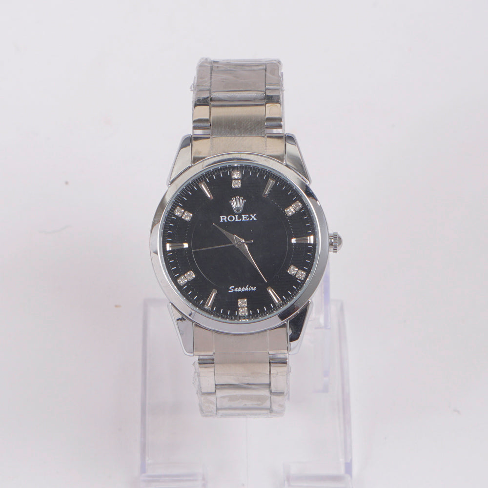 Mans Silver Chain Wrist Watch Black Dial
