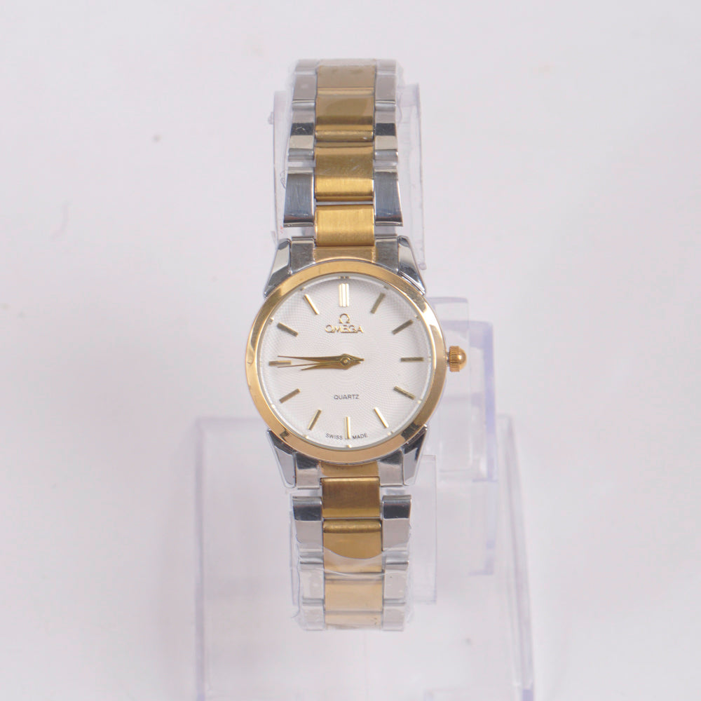Two Tone Womans Silver Chain Watch with White Dial