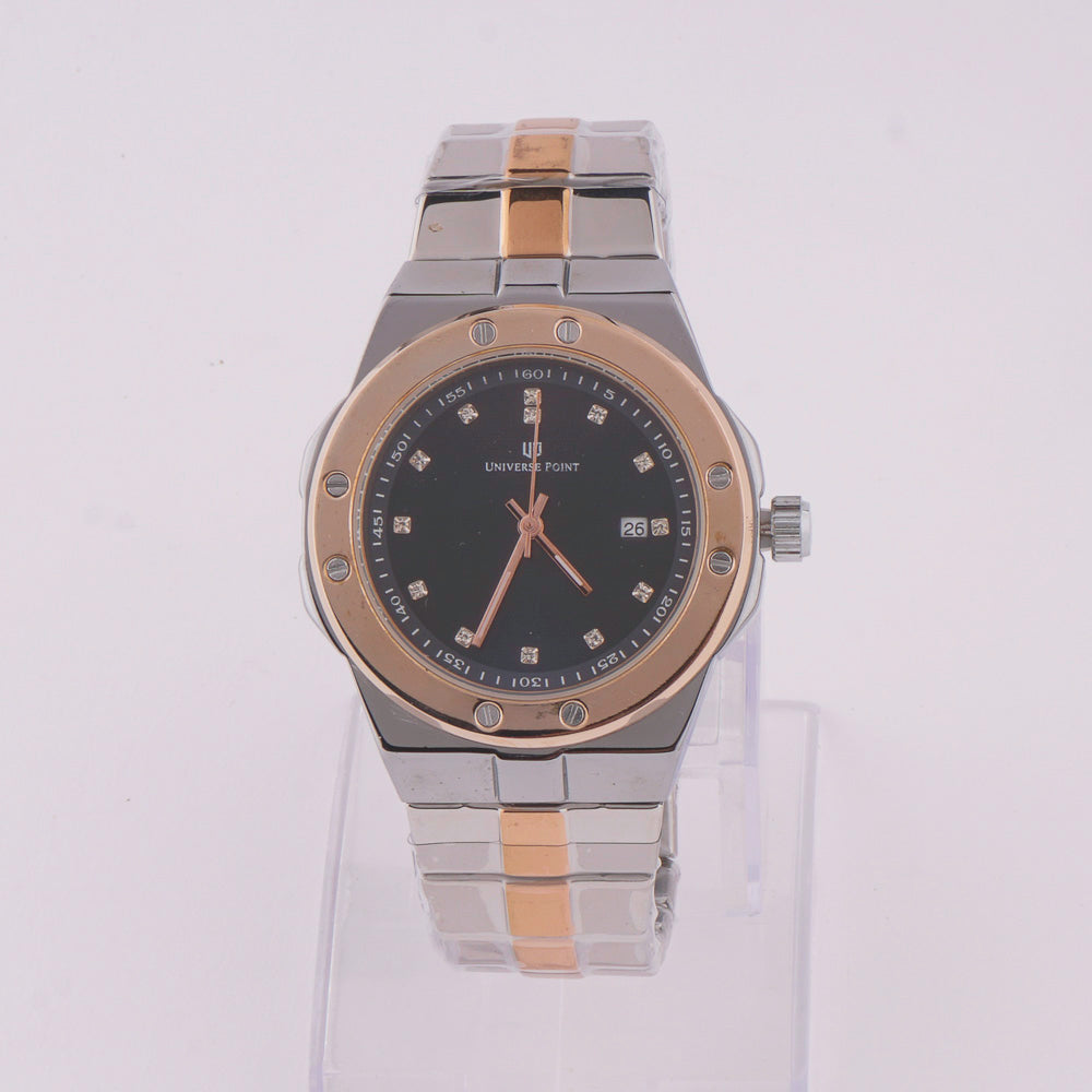 Two Tone Rosegold Chain Mans Watch With Black Dial