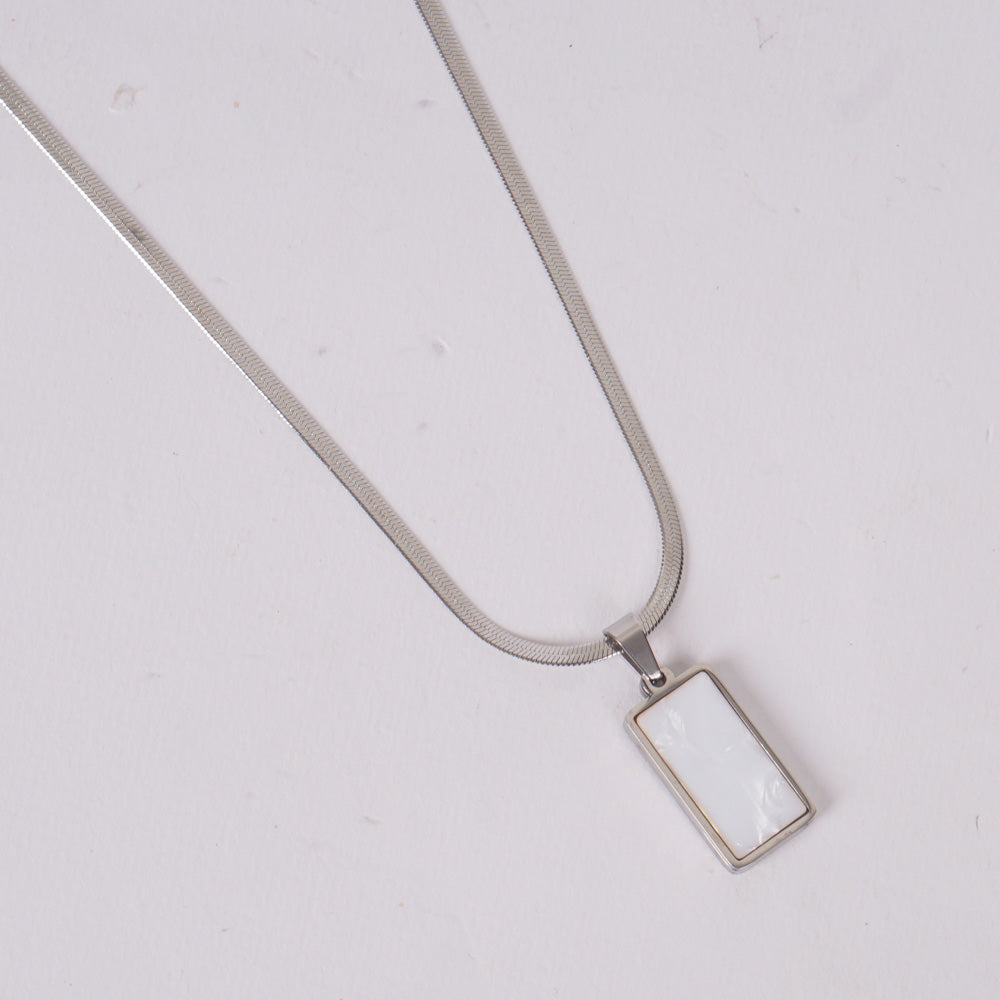 Silver-Tone Rectangular Pendant Necklace with White Inlay