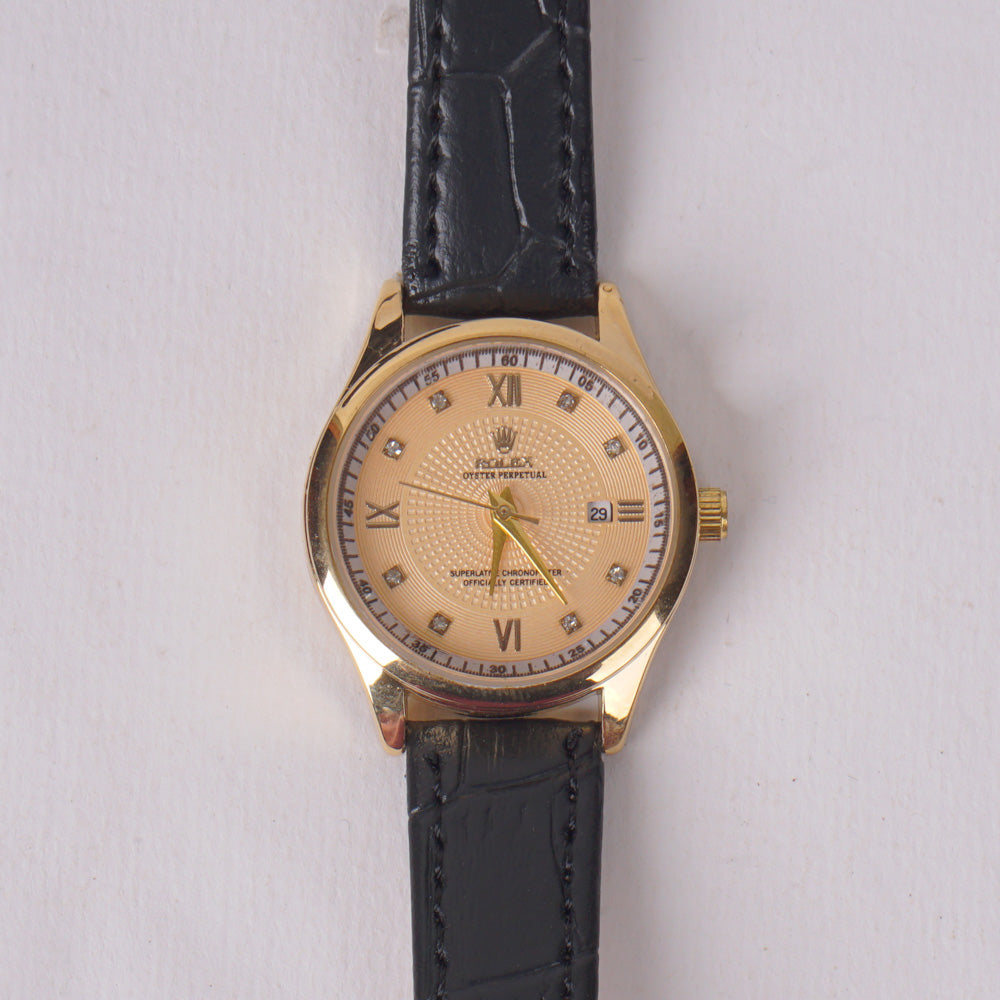 Woman Golden Dial Watch with Black Straps