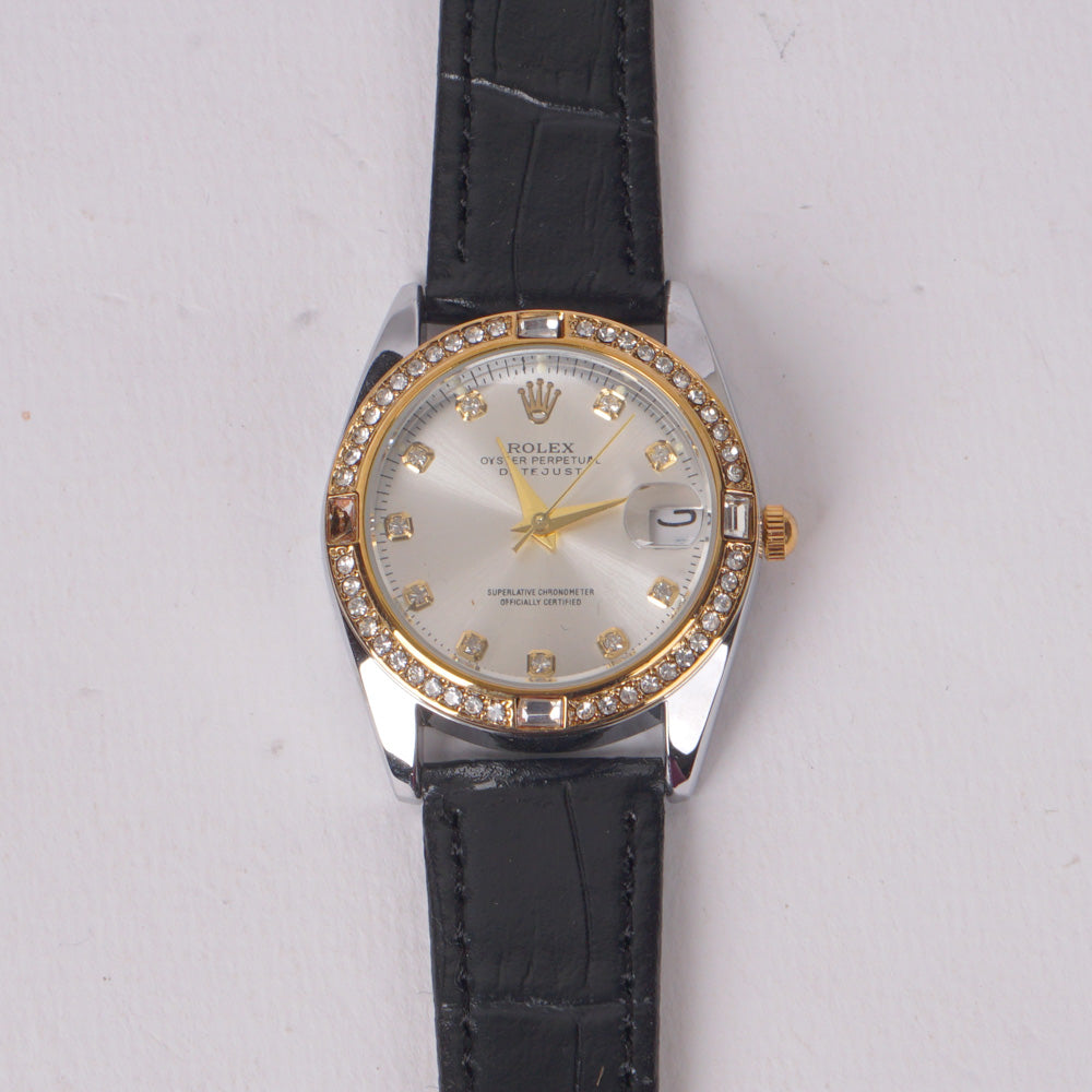 Woman Silver Dial Watch with Black Straps