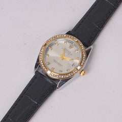 Woman Silver Dial Watch with Black Straps