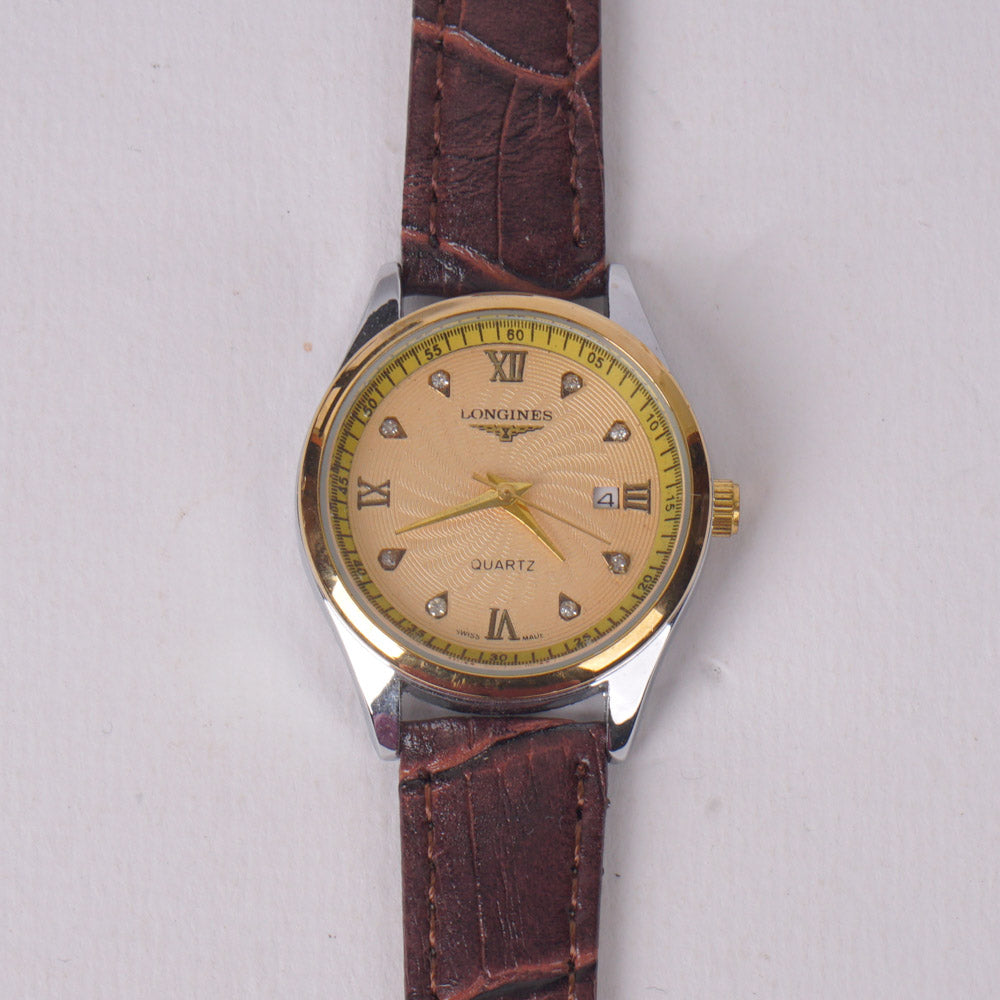 Woman Silver-Golden Dial Watch with Brown Straps