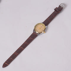 Woman Silver-Golden Dial Watch with Brown Straps