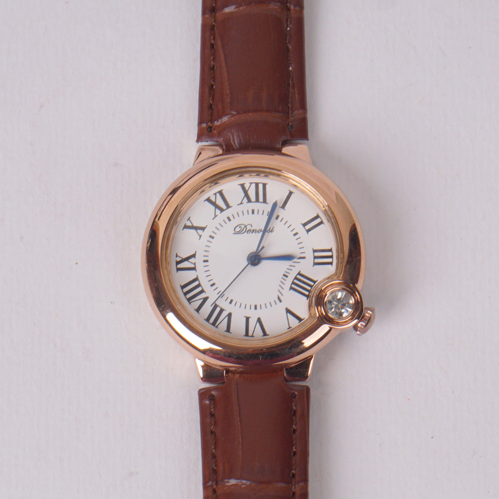 Woman Rosegold Dial Watch with Leather Brown Straps White
