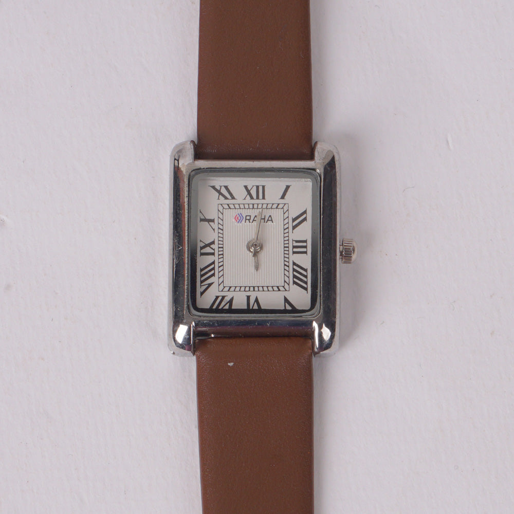 Woman Silver Watch with Brown Staps Square Shape