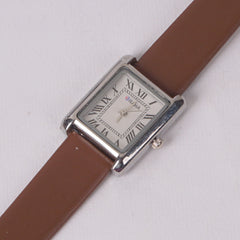 Woman Silver Watch with Brown Staps Square Shape