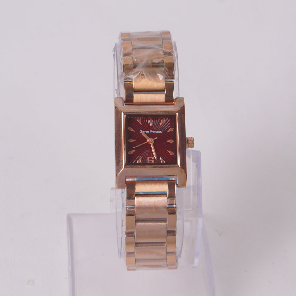 Woman's Rosegold Chain Watch with Maroon Dial Square Shape