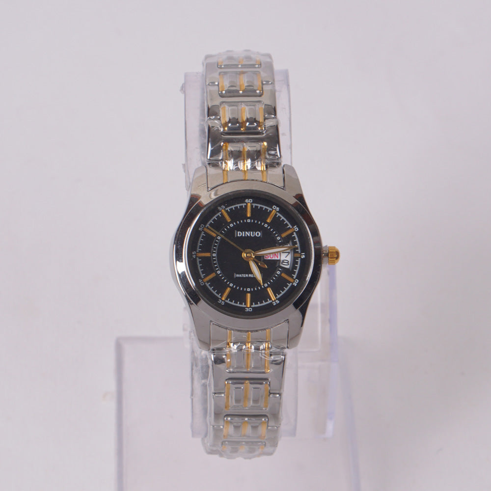 Two Tone Woman's Silver Chain Watch with Black Dial DINUO 2