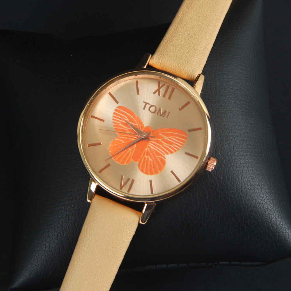Beige Leather Strap Rose Dial Fashion TM202 Women Wrist Watch