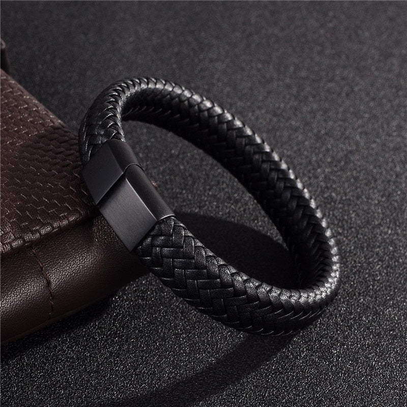 Black Braided Leather Black Magnetic Lock Fashion Bracelet