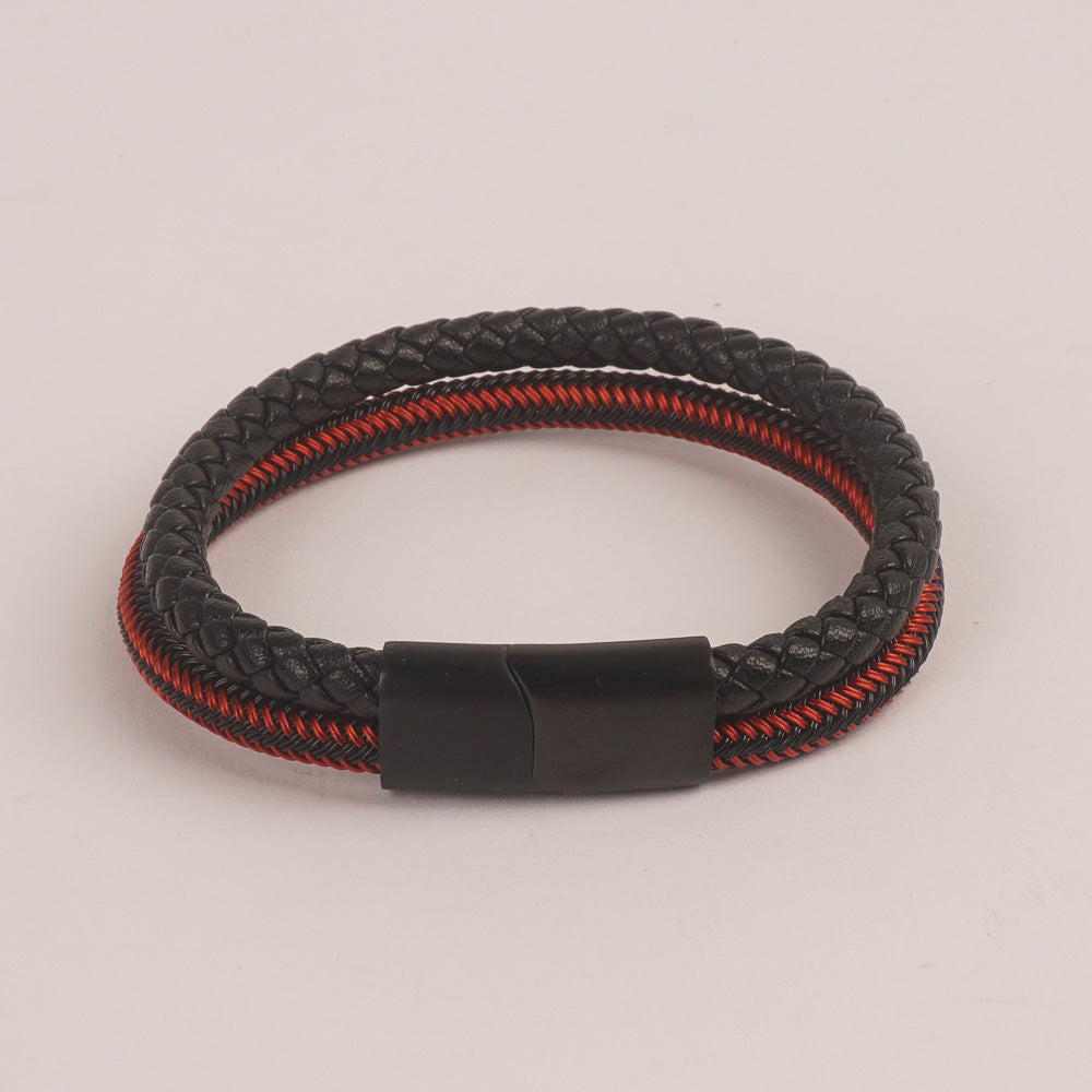 Black Leather Red & Black Wire with Black magnetic lock Fashion Leather Bracelet