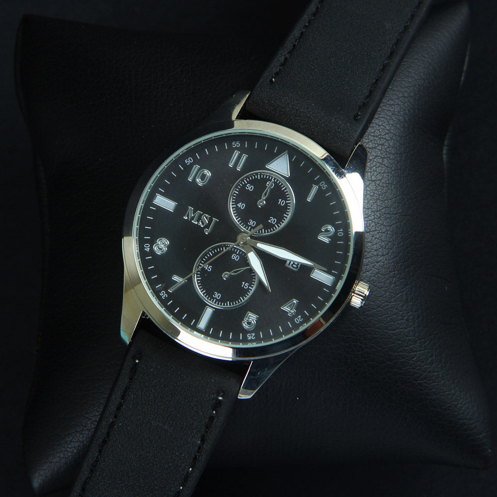 Black Leather Strap Black Dial with Silver Case Fashion MJ2012 Wrist Watch