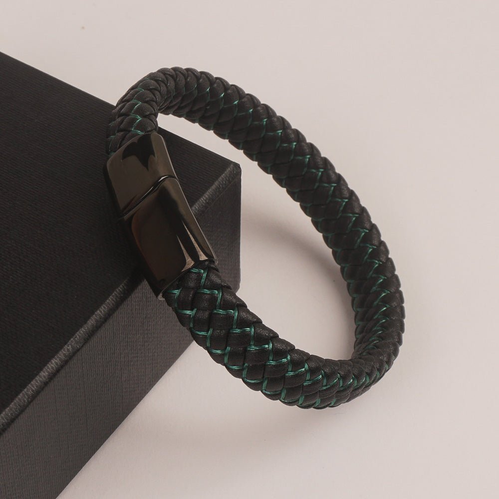 Black Leather green wire with black magnetic lock Leather Bracelet