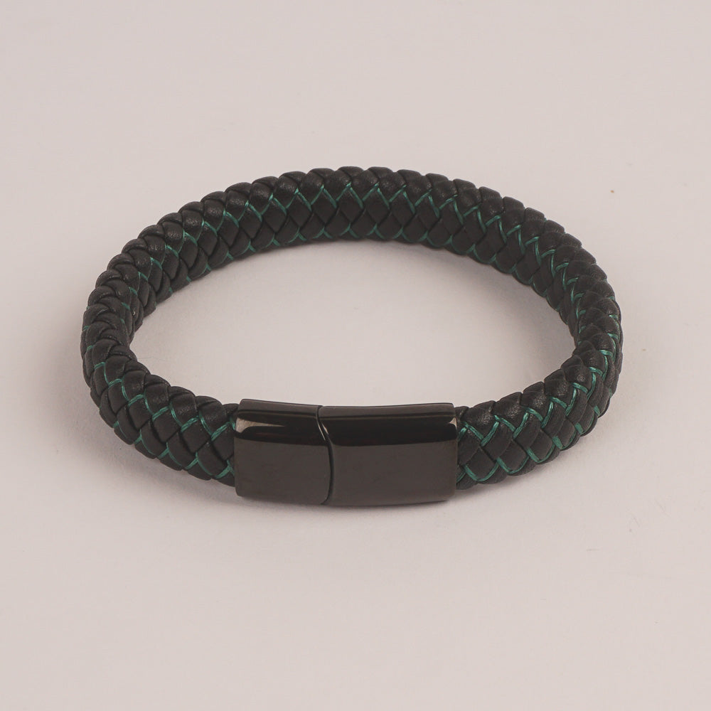 Black Leather green wire with black magnetic lock Leather Bracelet