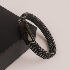 Black Leather silver Wire with Black magnetic lock Leather Bracelet