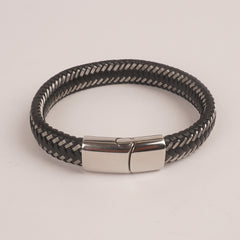 Black Leather silver Wire with Silver magnetic lock Leather Bracelet