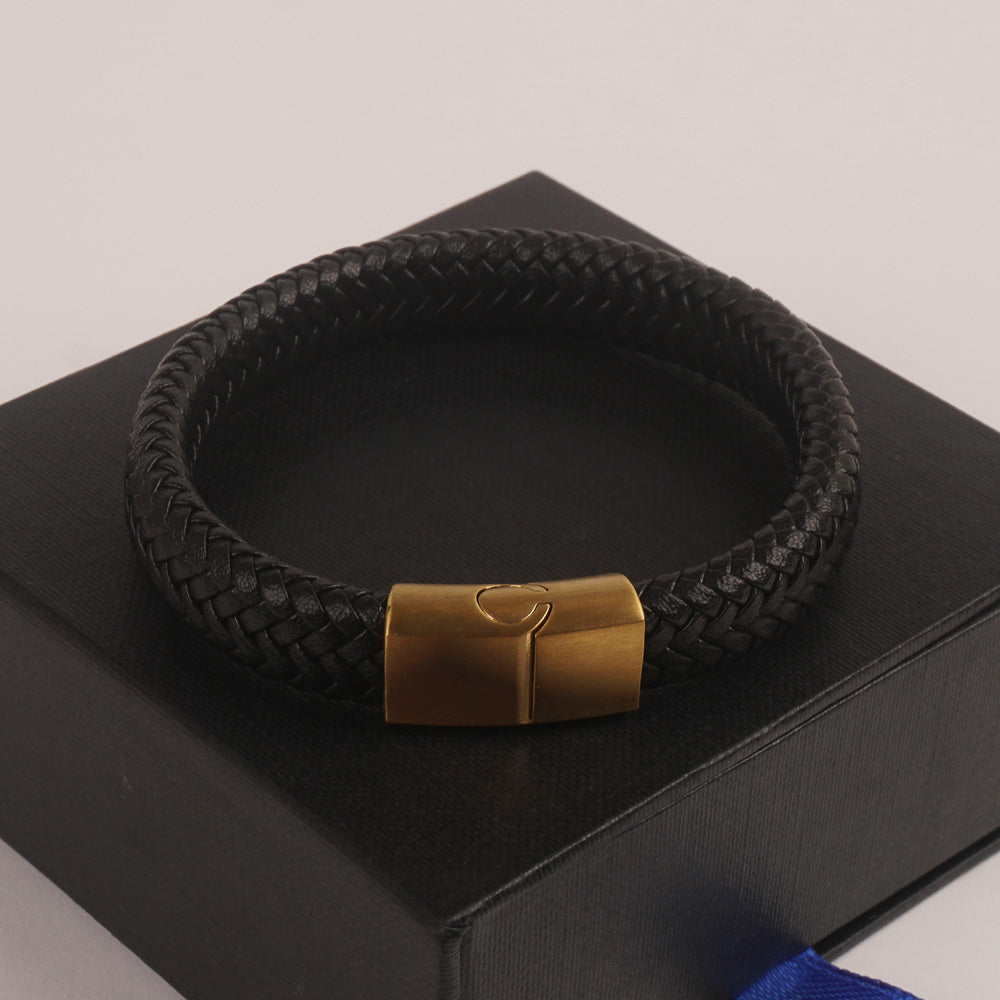 Black Leather with Golden magnetic lock Leather Bracelet