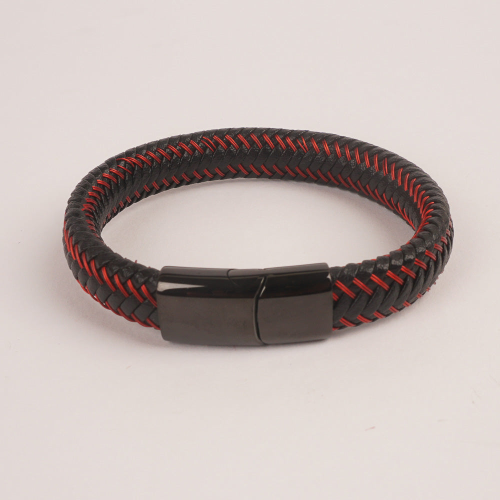 Black Leather Red Wire with Black magnetic lock Leather Bracelet