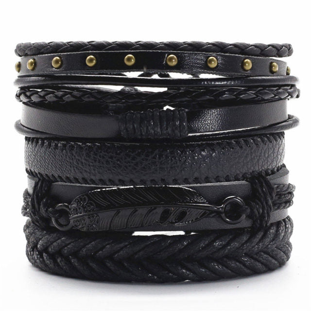 Black Punk 5Pcs Set Maple Leaf Feather Leather Bracelets