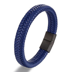 Blue Braided Leather Black Magnetic lock Fashion Bracelet