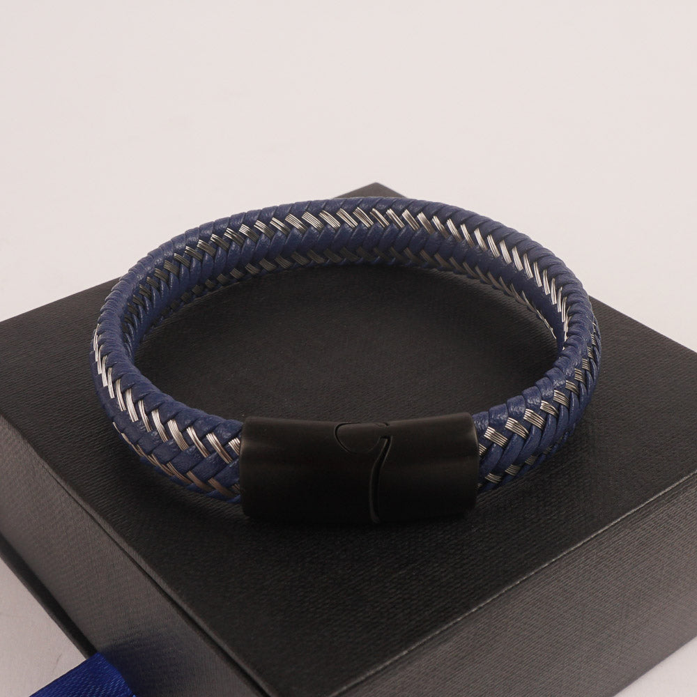 Blue Leather silver Wire with Black magnetic lock Leather Bracelet